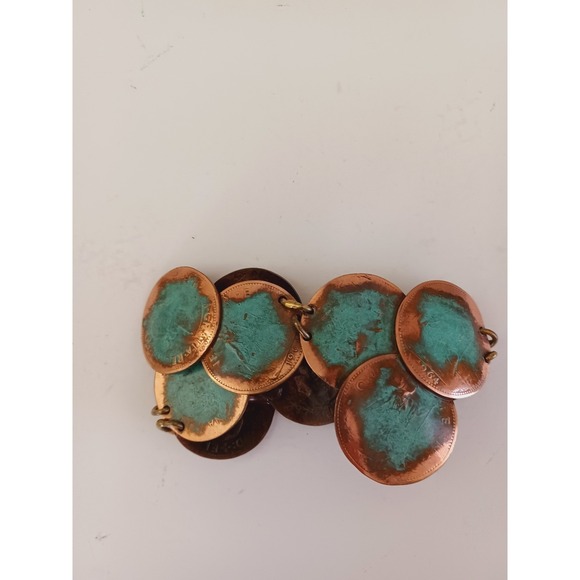 Bracelet Statement Oxidized Copper Turquoise Tone Coin Faux Bold 9" Boho Western - Picture 15 of 15